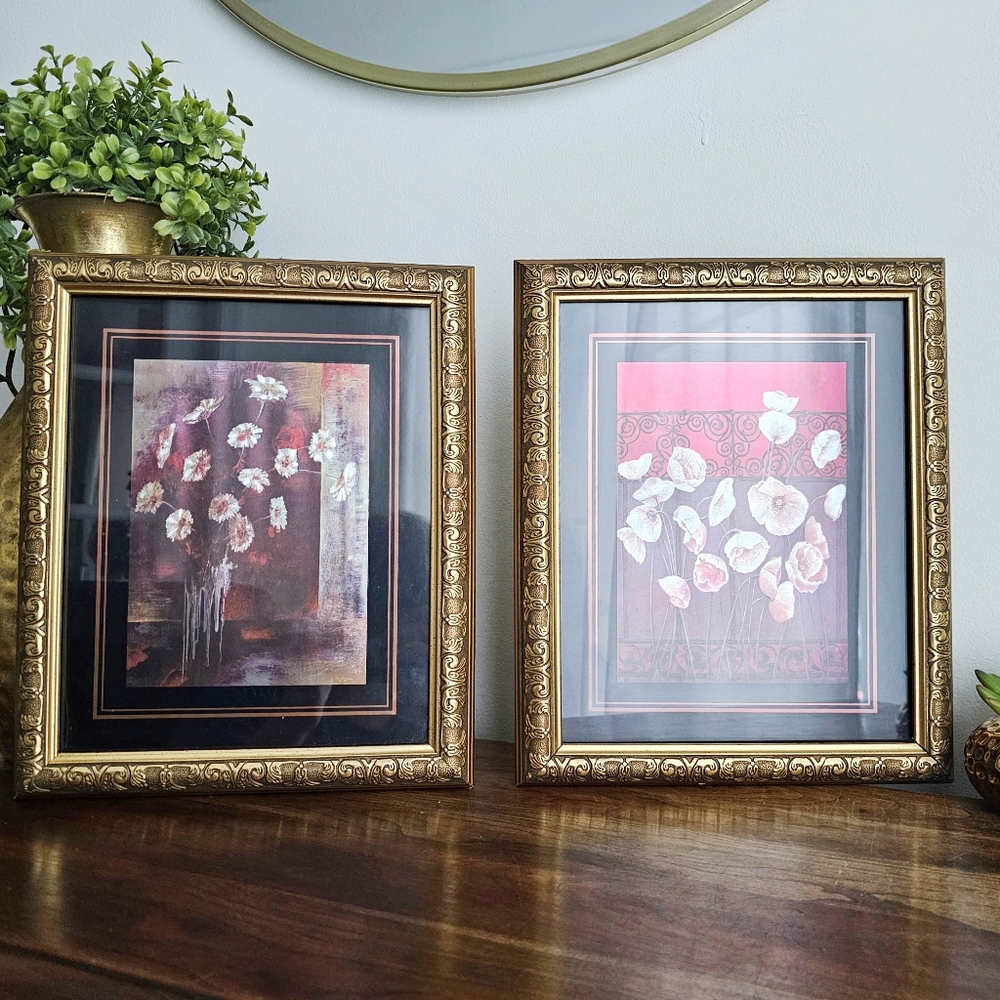Pair of Framed Floral Bouquet Prints • VTG Impressionist Art • Gold Ornate Frame